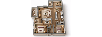 A 3D floor plan of a house with multiple rooms and furniture.