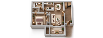 A top-down view of a well-furnished apartment layout.