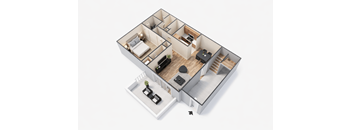 A 3D rendered image of a modern house layout.