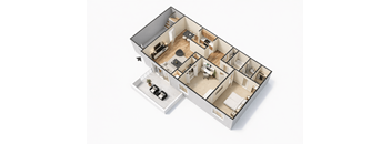 A 3D floor plan of a house with multiple rooms.