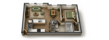 A top-down view of a two-bedroom apartment with a living room, kitchen, and bathroom.