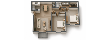 A top down view of a living room, kitchen, and dining area.