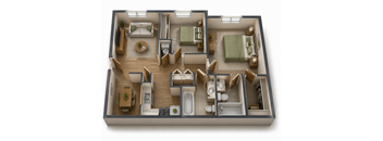 A 3D floor plan of a house with two bedrooms, two bathrooms, a living room, a kitchen, and a dining area.