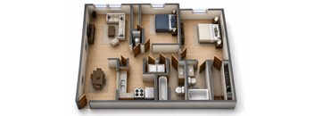 A 3D rendered image of a house layout.