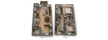 A floor plan of a two-story house with labeled first and second floors.