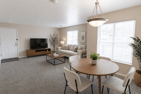 A living room with a grey carpet and a wooden coffee table.