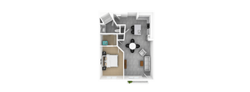 A top-down view of a small apartment with a kitchenette, living room, and bedroom.