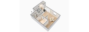 A 3D image of a house layout with a kitchen, living room, and two bedrooms.