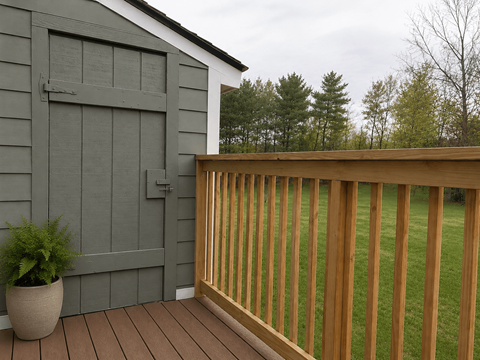 A wooden deck with a grey building and a potted plant.