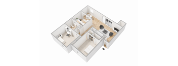 A 3D floor plan of a house with a kitchen, living room, and two bedrooms.
