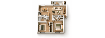 A top-down view of a house layout with multiple rooms and furniture.