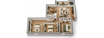 A 3D floor plan of a house with multiple rooms and furniture.