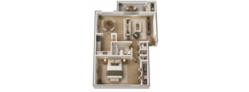 A top-down view of a well-organized apartment with a bedroom, living room, and kitchen.