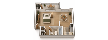 A top-down view of a well-furnished apartment.