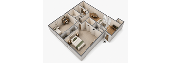 A 3D model of a house with a kitchen, living room, and bedrooms.