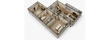 A 3D floor plan of a two-story house with a balcony on the second floor.
