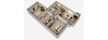 A 3D rendered image of a house layout.
