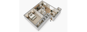 A 3D rendered image of a house layout.