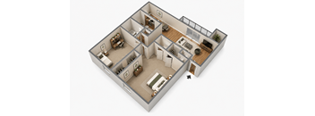 A 3D floor plan of a house with a kitchen, living room, and bedrooms.