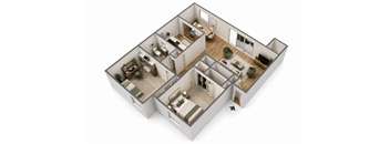 A 3D floor plan of a house with a kitchen, living room, and two bedrooms.