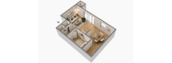 A 3D floor plan of a house with two bedrooms, a living room, a kitchen, and a bathroom.