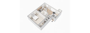 A 3D floor plan of a house with a kitchen, living room, and bedrooms.