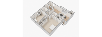 A 3D image of a house layout with a kitchen, living room, and bathroom.