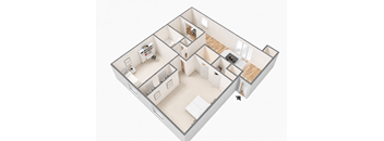 A 3D floor plan of a house with a kitchen, living room, and two bedrooms.