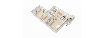 A 3D floor plan of a house with two bedrooms, a living room, a kitchen, and a bathroom.