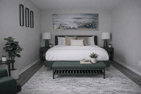A bedroom with a large bed and a painting on the wall.