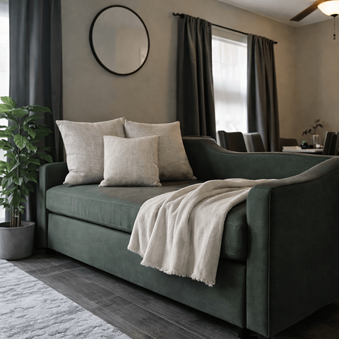 A green couch with a white throw blanket and pillows in a living room.