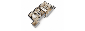 A 3D rendered image of a house layout.