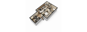 A 3D floor plan of a small apartment with a kitchen, living room, and bedroom.
