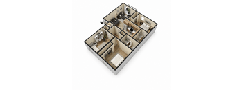 A 3D floor plan of a house with a kitchen, living room, and bedrooms.
