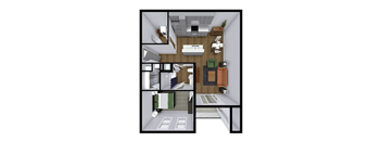 1 Bed 1 Bath, 784 sqft, 3D Floorplan at Sandstone Court Apartments in Greenwood, IN 46142