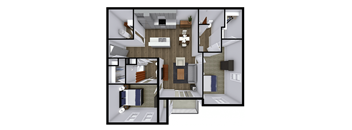 2 Bed 2 Bath, 1,111 sqft, 3D Floorplan at Sandstone Court Apartments in Greenwood, IN 46142