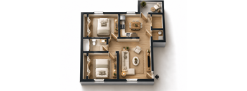 A top-down view of a modern apartment layout with a kitchen, living room, and two bedrooms.