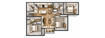 A top-down view of a house layout with a kitchen, living room, bedrooms, and bathrooms.