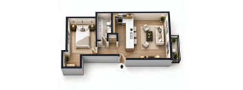 A top-down view of a modern apartment layout.