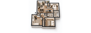 A 3D floor plan of a house showing the layout of the rooms.