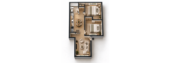 A top-down view of a house layout with a living room, kitchen, dining area, and bedrooms.