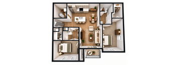 A top-down view of a small apartment layout with a kitchen, living room, and bathroom.