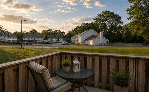 A patio with a table and chairs overlooking a house and trees.