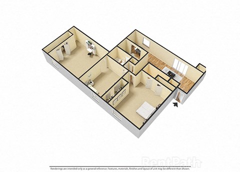 3 BR, 2 Bath Floor Plan 3D View at Pickwick Farms Apartments, Indiana