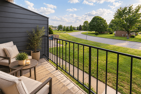 A balcony with a table and chairs overlooking a green lawn.
