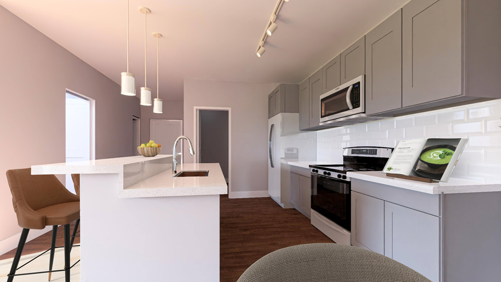 a kitchen with a counter top and a sink
