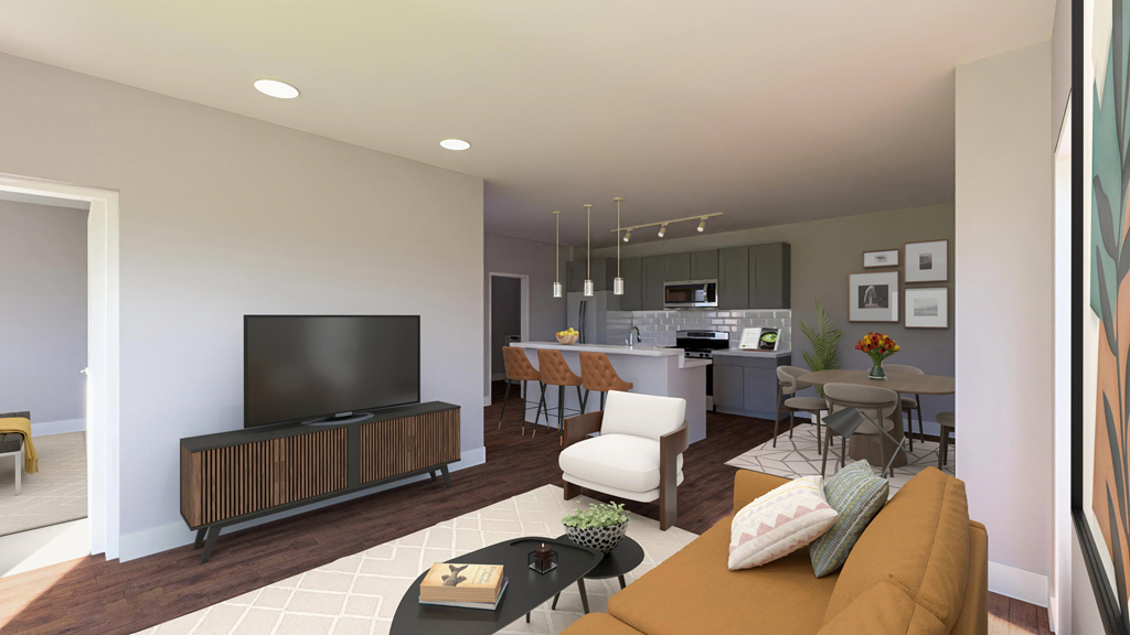 a rendering of a living room and kitchen in a house