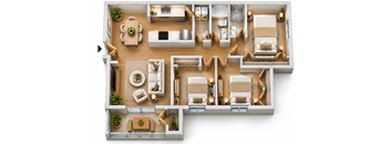 A top-down view of a well-furnished apartment layout.