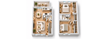 Two images of a house layout with a living room, kitchen, and bedrooms.