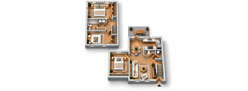 Two floor plans of a house with a living room, kitchen, and bedrooms.